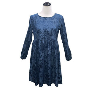 City Vibe Women M Navy Velvet Burnout Floral Long Slv Baby Doll Dress Witchcore